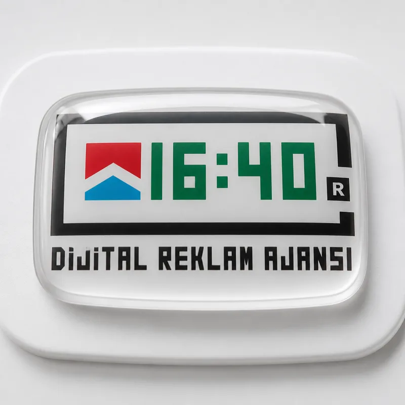 Drop epoxy label — 16:40 Three-dimensional bubble surface with digital logo