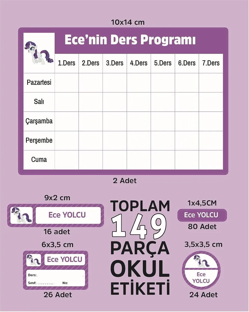 Okul etiket seti — 149 parçalık kişiye özel set